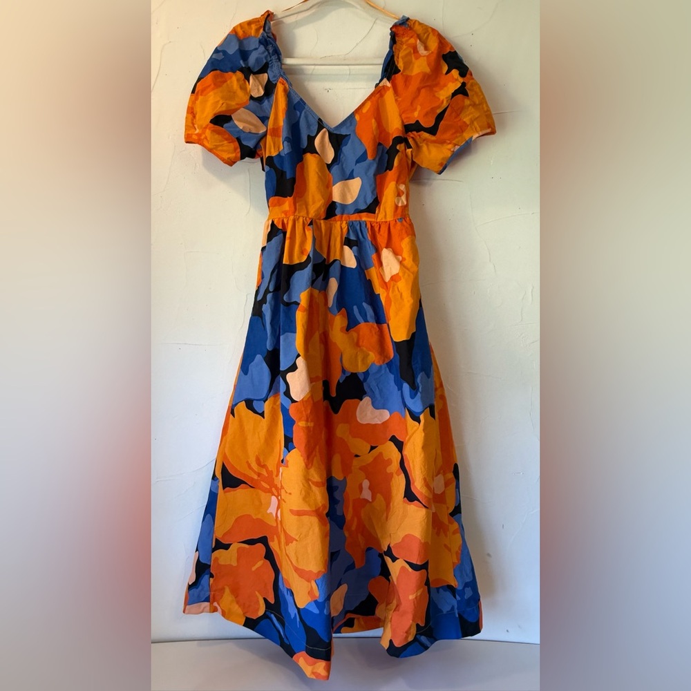 TABITHA BROWN ORANGE & BLUE FLORAL MIDI DRESS OPEN BACK SZ 4